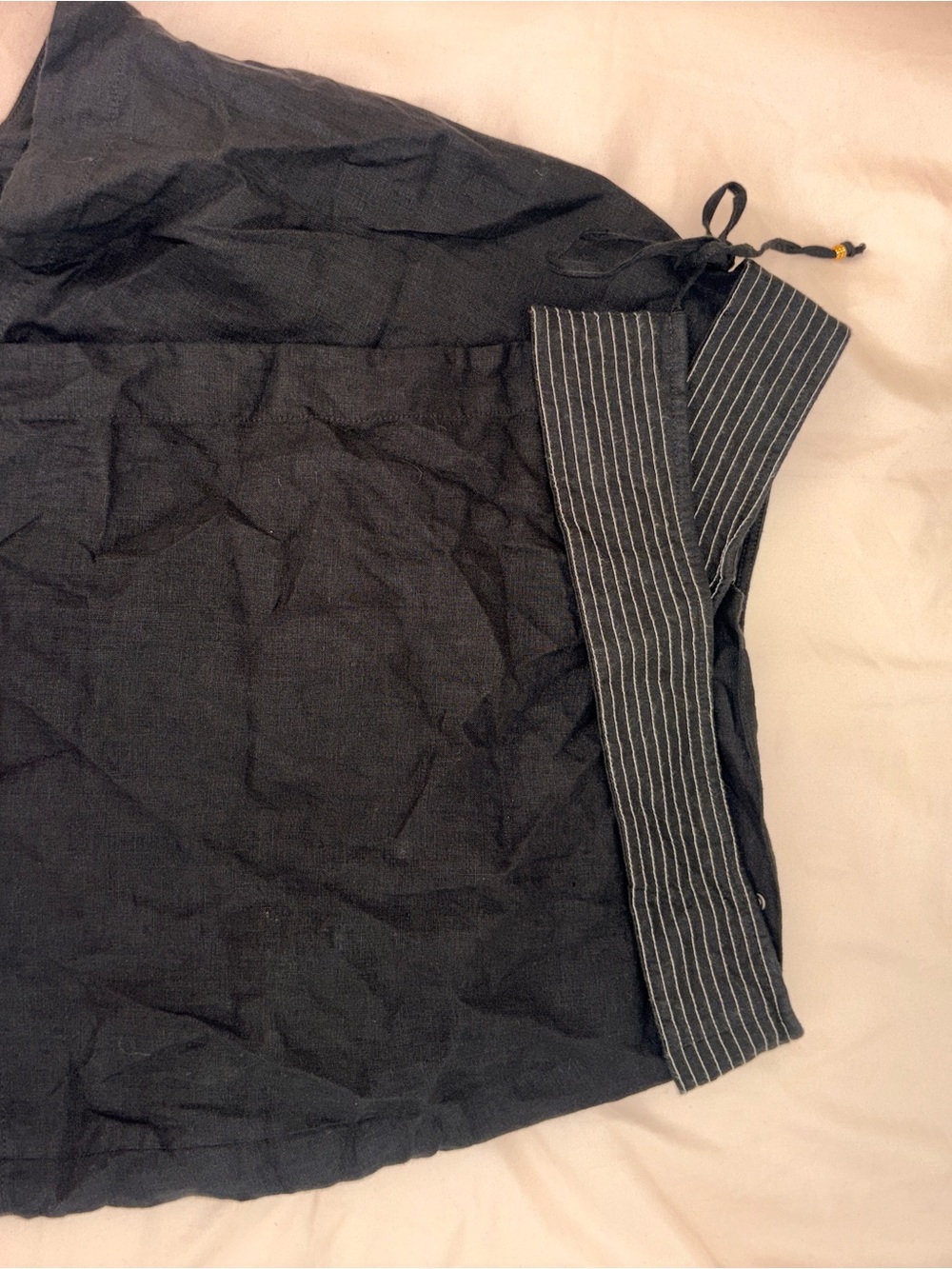 Black Casual Wrap Short Linen Skirt with Pinstripe Waistband